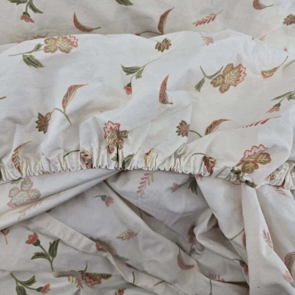 Vintage Twin‎ Sheet 3 Piece Set Floral Cream Multi Fitted Flat Pillowcase Retro